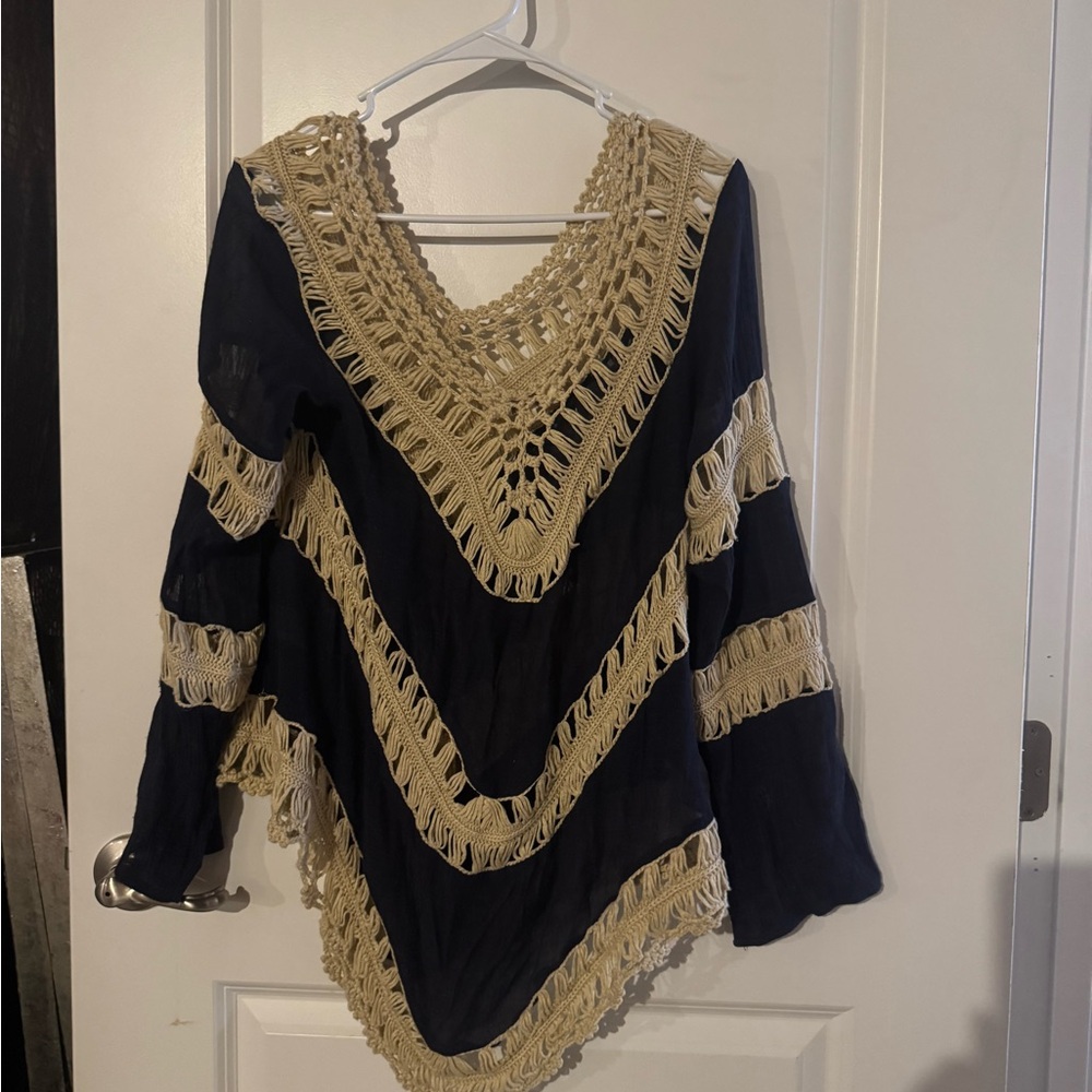 Umgee Navy and Cream Crochet Poncho Size S